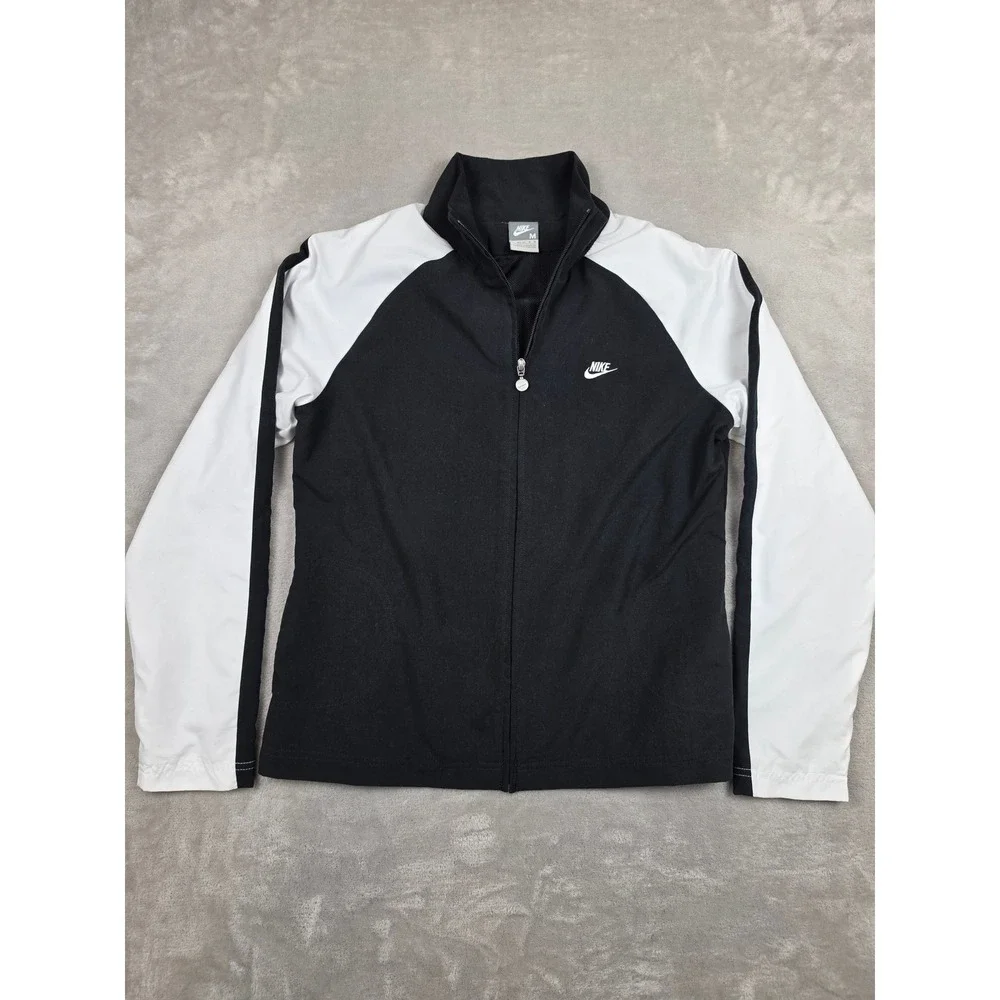 Nike Track Jacket Womens Medium Black White Full Zip Raglan Mesh Lined Y2K
